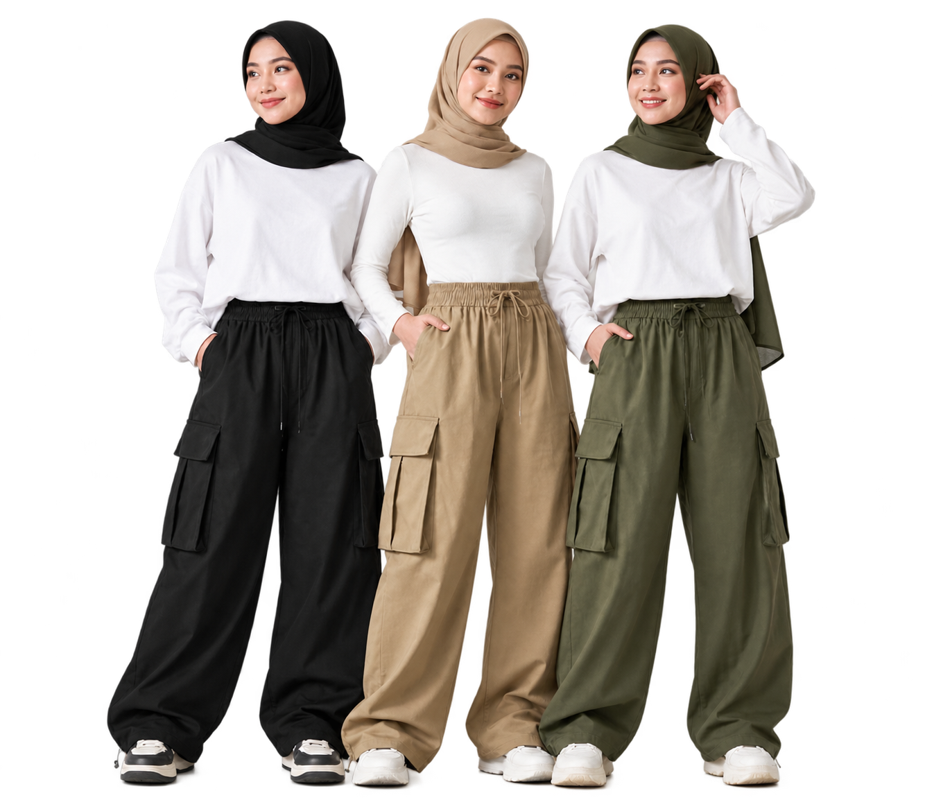 Three SHORTCURRENT models grouped together in black, khaki and olive cargo pants